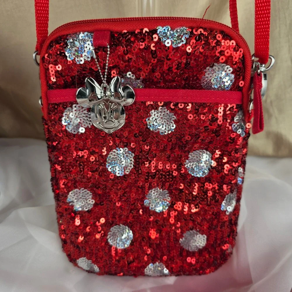 Disney Parks Minnie Mouse‎ Red Silver Sequin Polka Dot Crossbody Bag Bag Small